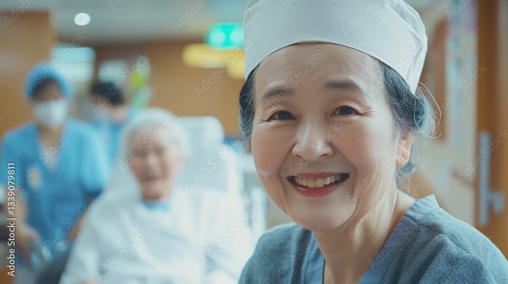 Obraz premium Caring elderly nurse smiling warmly in a healthcare environment