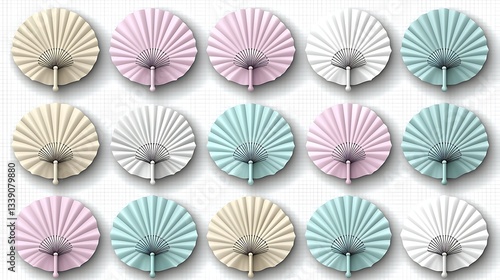Decorative Paper Fans in Pastel Colors Arranged on a Geometric Background for Stylish Home Decor