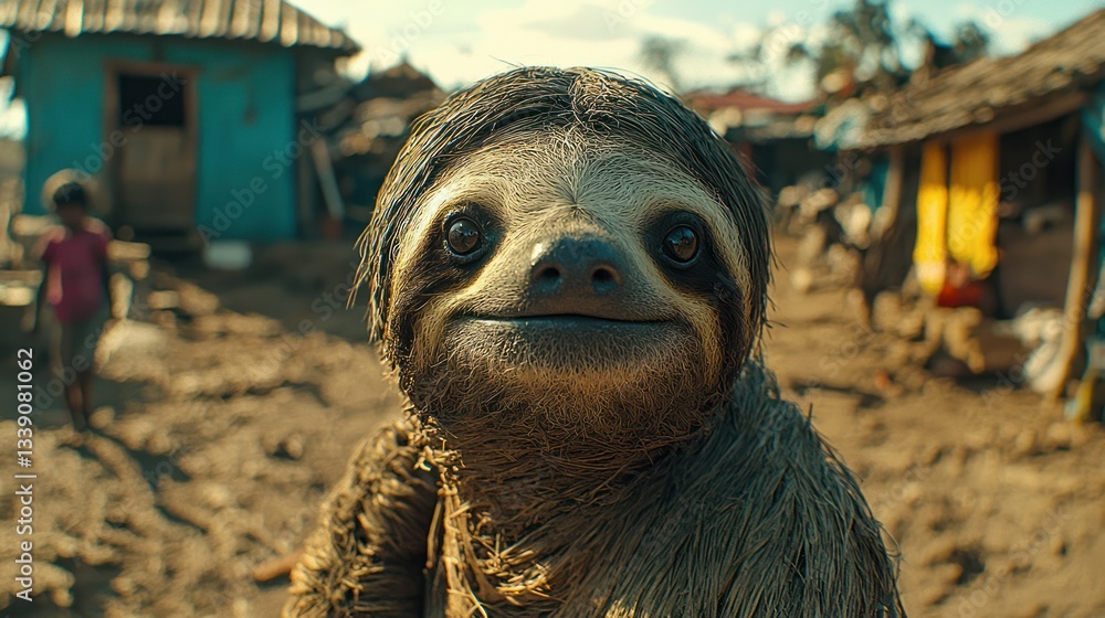Obraz premium Playful Sloth Smiling in Colorful Village Environment with Kids