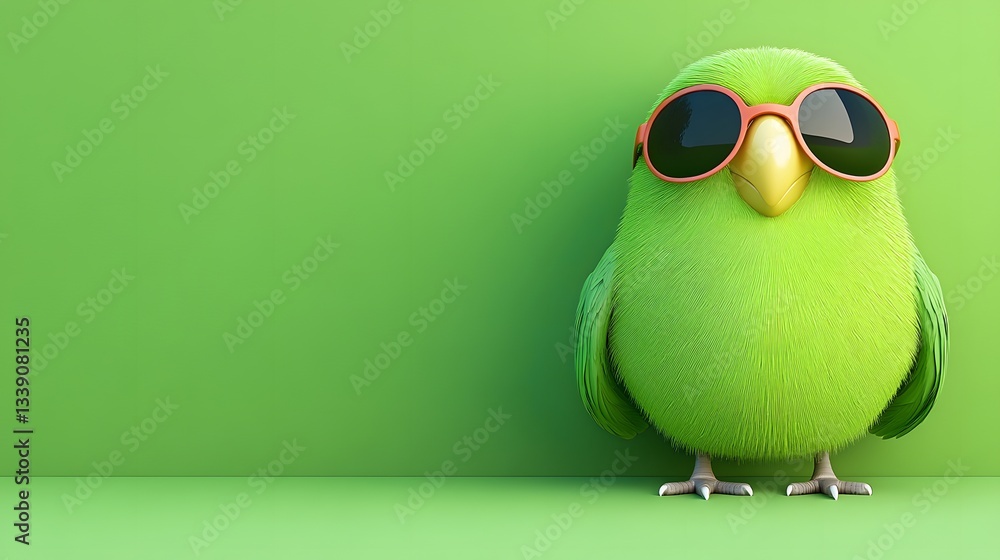 Fluffy Green Bird with Sunglasses on Green Background Fluffy Green Bird with Sunglasses on Green Background