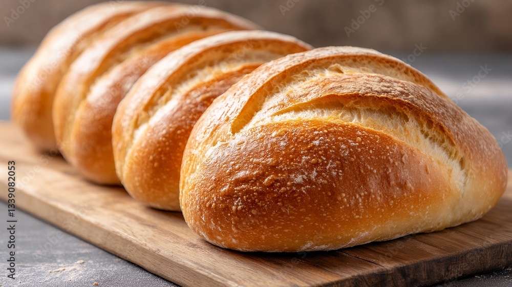 Four Artisan Bread Loaves On Wooden Board Four Artisan Bread Loaves On Wooden Board