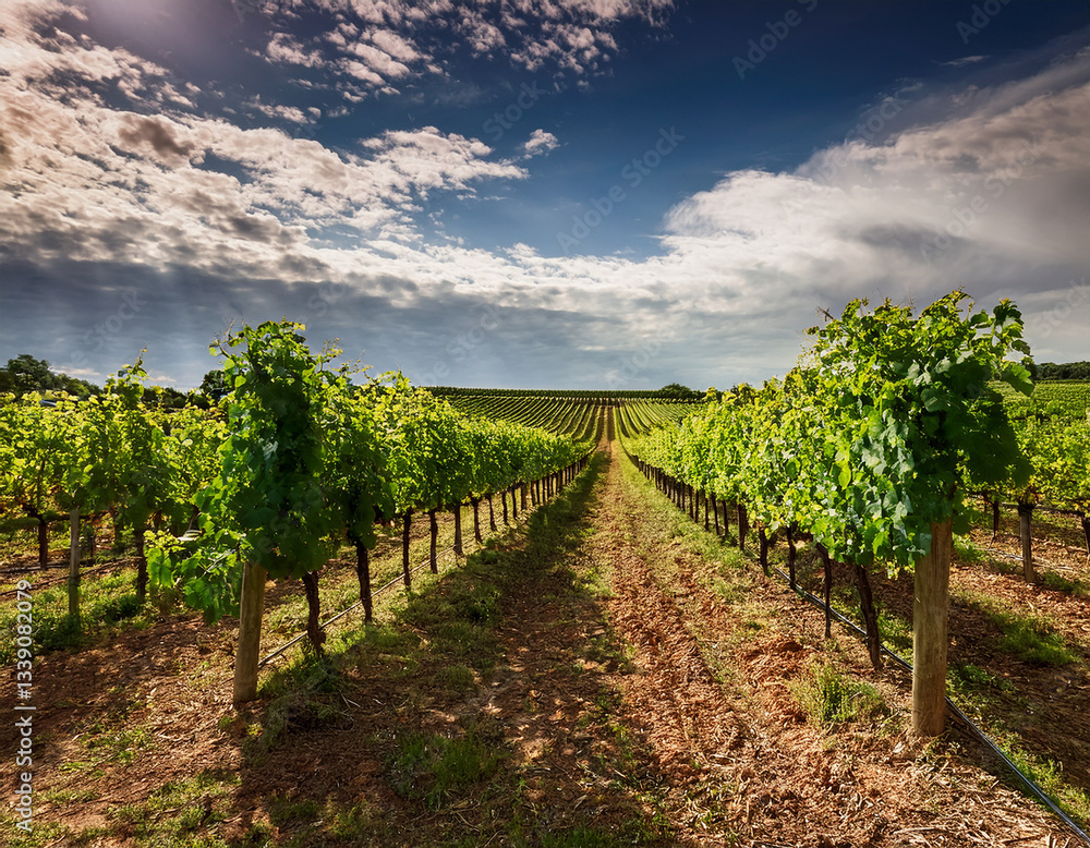 A vineyard with rows of grapevines captured under cloudy skies, emphasizing nature and organic production A vineyard with rows of grapevines captured under cloudy skies, emphasizing nature and organic production