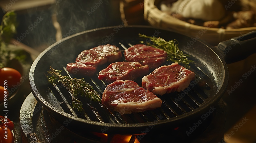 Fototapeta premium Meat sizzling in a pan. Dinner prep at home