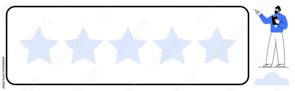 Five faded stars in a row with a person in a suit pointing toward them, emphasizing ratings or performance. Ideal for review, quality, feedback, business, evaluation, achievement success. Flat Five faded stars in a row with a person in a suit pointing toward them, emphasizing ratings or performance. Ideal for review, quality, feedback, business, evaluation, achievement success. Flat