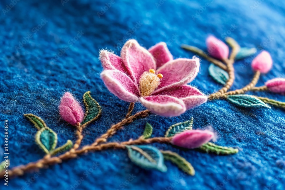 Classic Blue Boiled Wool Fabric Detail with Pink Magnolia Embroidery - High-Resolution Stock Photo Classic Blue Boiled Wool Fabric Detail with Pink Magnolia Embroidery - High-Resolution Stock Photo