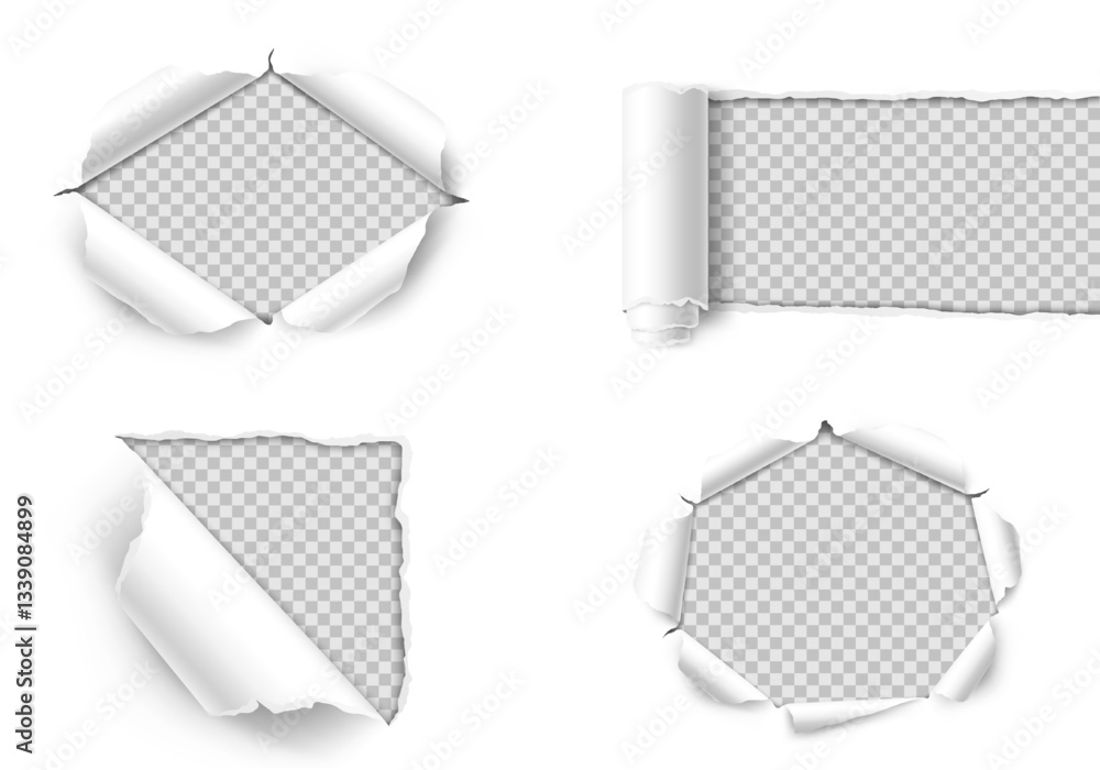 Vector realistic ripped torn hole in the sheet of paper. Template for design. Paper mockup.