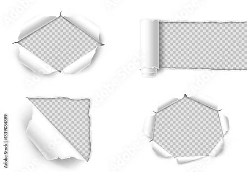 Vector realistic ripped torn hole in the sheet of paper. Template for design. Paper mockup.