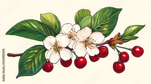 Detailed illustration of Amarena cherry flower ideal for Italiana inspired designs