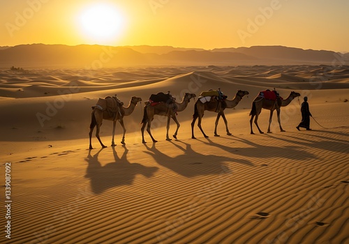 Camels Walking Through Desert at Sunset Leading by Person