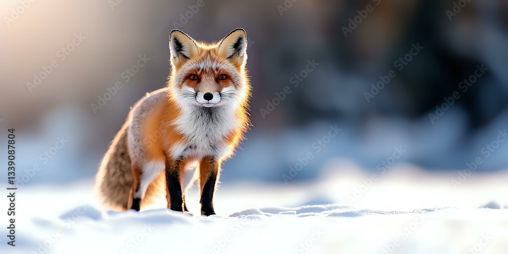 Fototapeta premium Red fox standing in fresh snow during winter sunrise, soft natural lighting creates magical atmosphere with blurred background. Wildlife photography panoramic format.