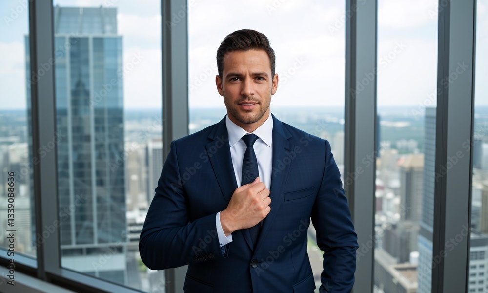 A confident businessman in a tailored navy blue suit standing in a modern high-rise office