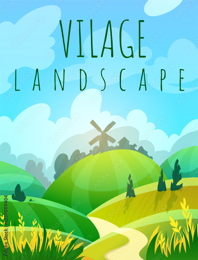 Naklejka premium Idyllic village landscape with rolling green hills, a winding path, and a windmill in the distance. Blue sky with fluffy clouds enhances the peaceful rural setting. Vector illustration