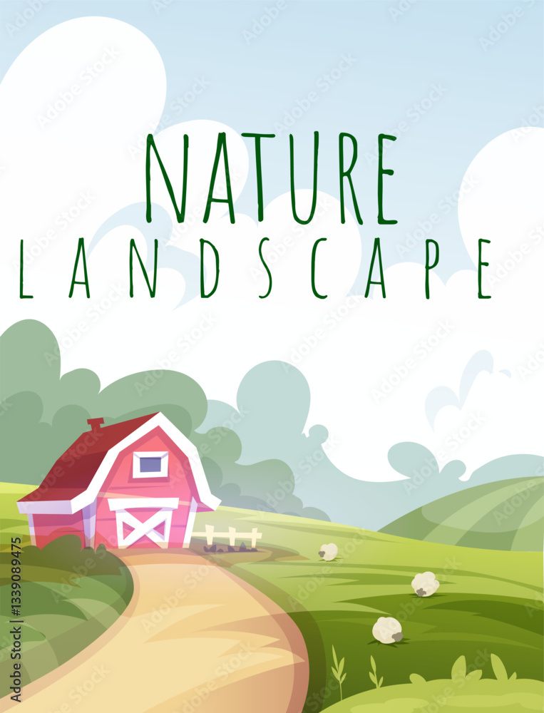Naklejka premium Idyllic countryside landscape with red barn, rolling green hills, winding path, and sheep grazing in field. Soft clouds in sky create peaceful atmosphere. Concept of rural life. Vector illustration