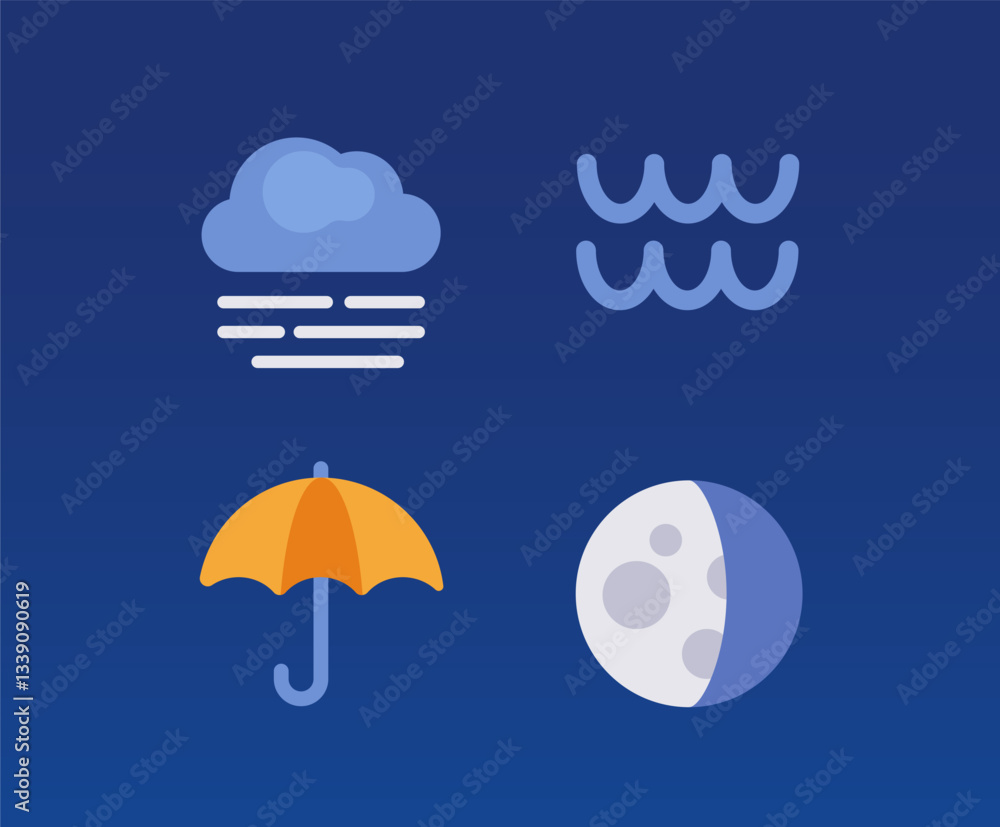 Set of four weather icons, including a cloud with fog, water waves, an umbrella, and a half-moon, designed in a flat style on a dark blue background. Vector illustration Set of four weather icons, including a cloud with fog, water waves, an umbrella, and a half-moon, designed in a flat style on a dark blue background. Vector illustration