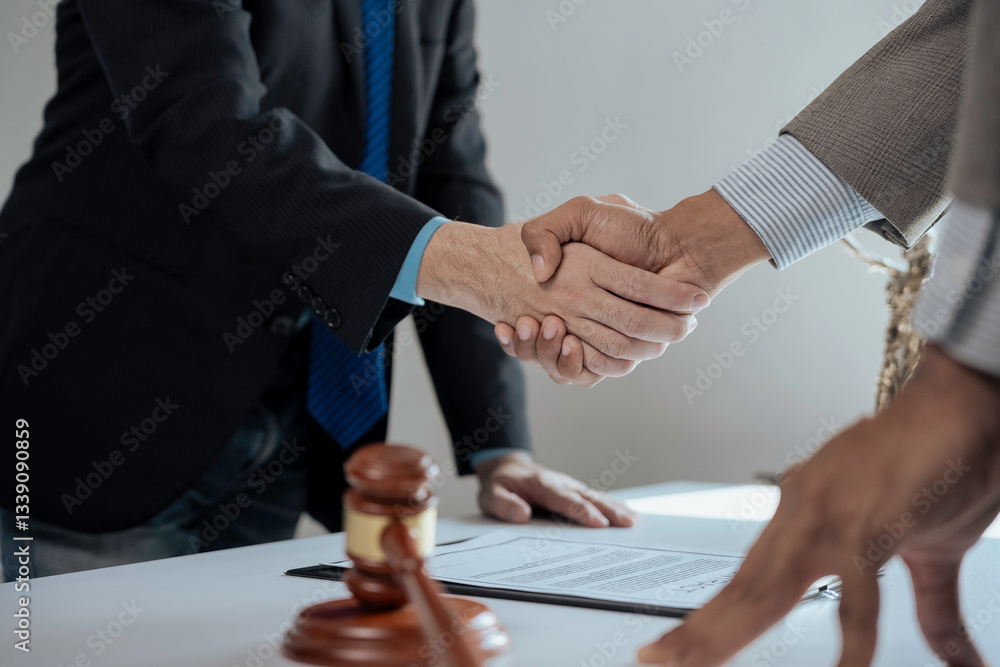 Obraz premium Two lawyers shaking hands after signing a contract in the office, with a gavel and a document on the table