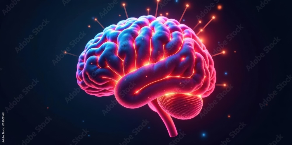 Fototapeta premium Abstract brain formed by glowing digital nodes and lines , programming, network