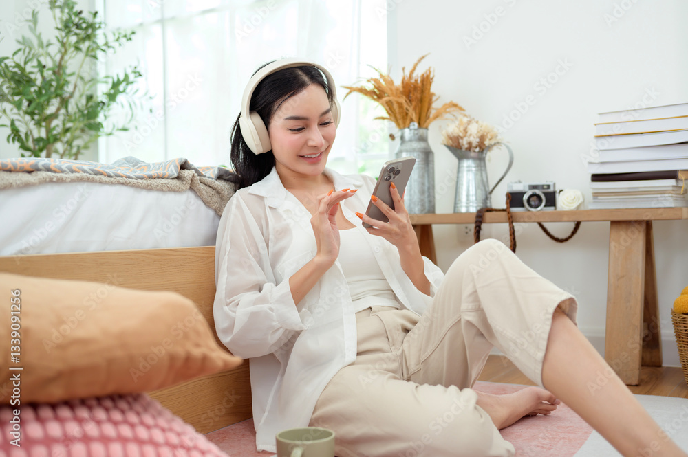 Young asian woman using smart phone lying on bed.. Young asian woman using smart phone lying on bed..