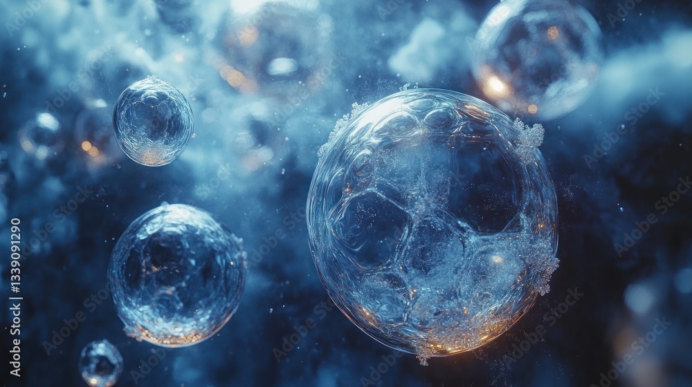 Naklejka premium Abstract icy spheres floating in smoky blue space.