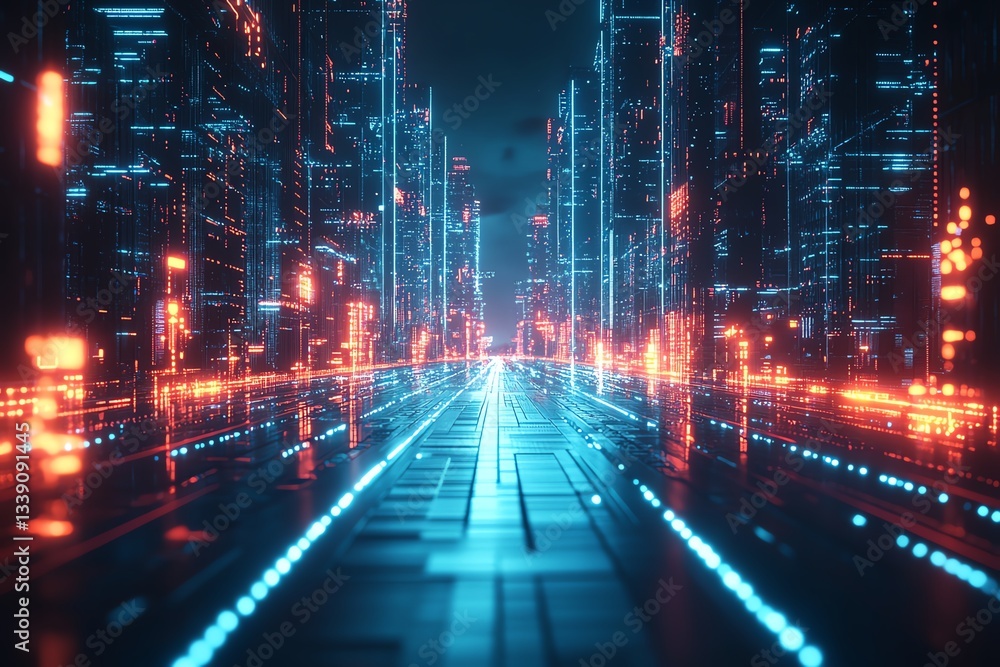 Futuristic digital landscape with glowing neon light patterns and a dynamic abstract cyber grid, set against a dark, hightech environment Futuristic digital landscape with glowing neon light patterns and a dynamic abstract cyber grid, set against a dark, hightech environment