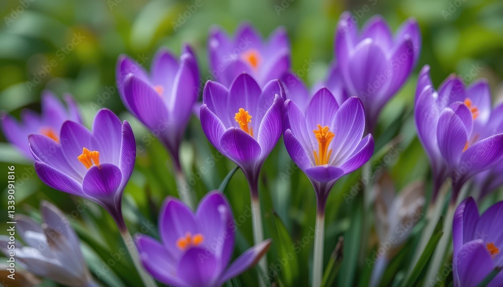 Spring bloom purple crocuses in nature garden close-up vibrant scene Spring bloom purple crocuses in nature garden close-up vibrant scene