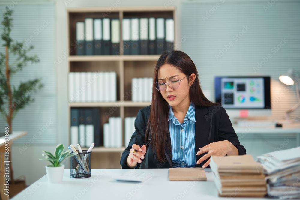 Stressed young Asian business professional working on laptop, reviewing complex documents at contemporary office workspace Stressed young Asian business professional working on laptop, reviewing complex documents at contemporary office workspace