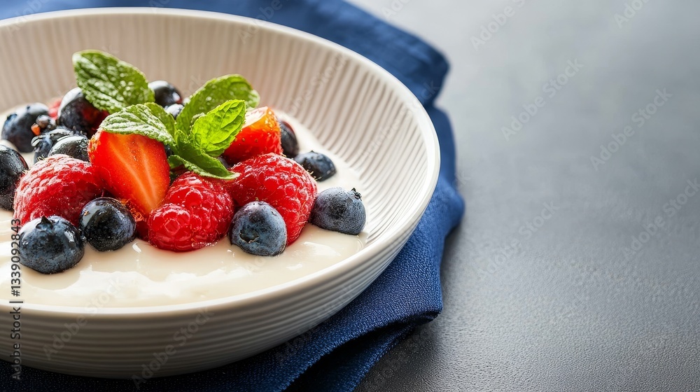 A vibrant bowl of yogurt topped with fresh berries and mint leaves on a dark background A vibrant bowl of yogurt topped with fresh berries and mint leaves on a dark background