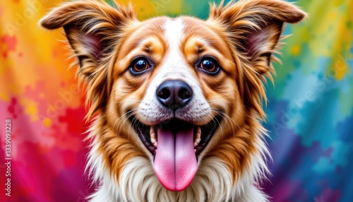 The painting depicts a joyful dog with its tongue hanging out, eyes shining with happiness photo