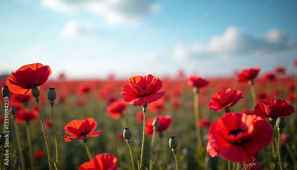 Naklejka premium Vibrant Red Poppy Field Under Cloudy Sky