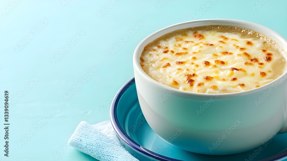 A bowl of creamy soup topped with melted cheese, served on a plate with a small towel beside it. Concept Creamy Soup Delight, Melty Cheese Topping, Cozy Dining Experience, Comfort Food Presentation A bowl of creamy soup topped with melted cheese, served on a plate with a small towel beside it. Concept Creamy Soup Delight, Melty Cheese Topping, Cozy Dining Experience, Comfort Food Presentation