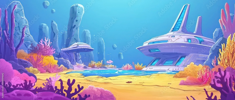 Naklejka premium Colorful Underwater Scene with Futuristic Spaceships and Coral Reefs