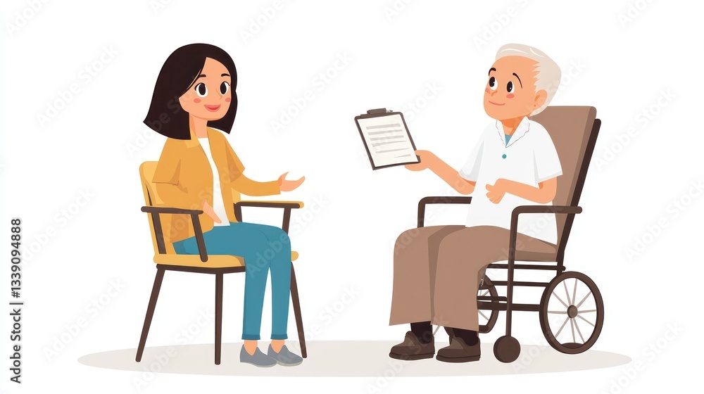 Friendly Conversation Between Young Woman and Elderly Man in Wheelchair Friendly Conversation Between Young Woman and Elderly Man in Wheelchair