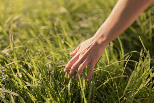 A hand lightly touches vibrant green grass, conveying a sense of peace and connection with nature in a sunlit field.