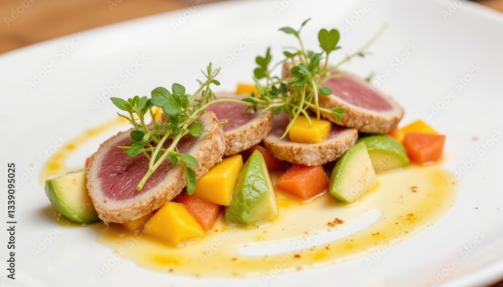 The chef carefully arranged colorful slices of seared tuna, avocado, and mango on a pristine white plate The chef carefully arranged colorful slices of seared tuna, avocado, and mango on a pristine white plate
