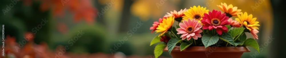 Obraz premium Terracotta pot overflowing with autumn blooms , decoration, photography