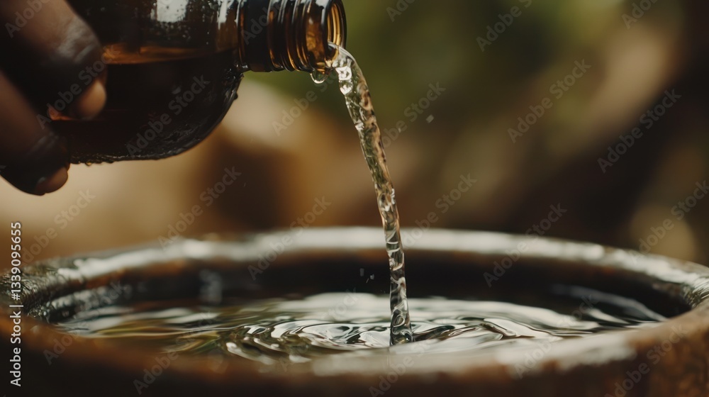 Pouring liquid from a glass bottle into a wooden bowl outdoors Pouring liquid from a glass bottle into a wooden bowl outdoors