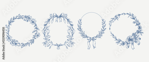 Botanical blue wedding frame or wreath on white background. Hand drawn floral, flower, leaf branch in toile de jouy style. Line art for wedding, monogram, invitation, greeting, logo, birthday cards