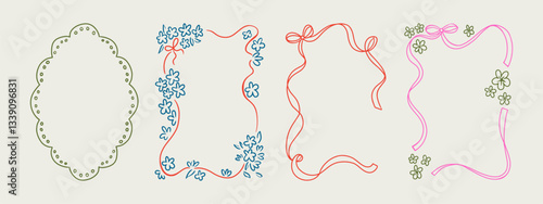 Set of elegant whimsical hand-drawn pink blue orange green color frames with wavy squiggle curly ribbons in trendy, vintage styles. Perfect for quirky holiday, wedding, birthday gift decorations