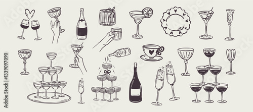 Set of whimsical hand-drawn champagne tower in trendy vintage style. Perfect for quirky wedding holiday, dinner and bar menu, bachelorette party, birthday invitation, sign