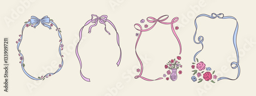 Set of spring whimsical hand-drawn pink blue orange green color frames with flowers and bows in trendy, vintage styles. Perfect for quirky holiday, wedding, birthday gift decorations.