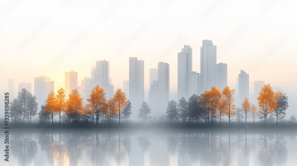 Fototapeta premium Misty autumn cityscape reflected in calm water with orange trees in foreground.