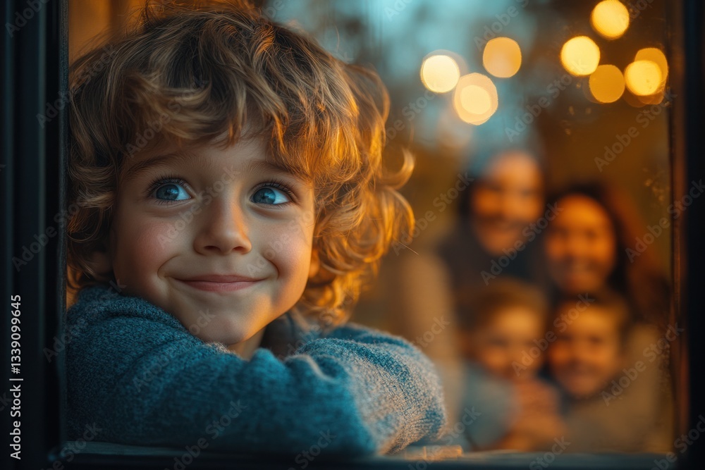 Child Smiling at a Window with Family in Background Child Smiling at a Window with Family in Background