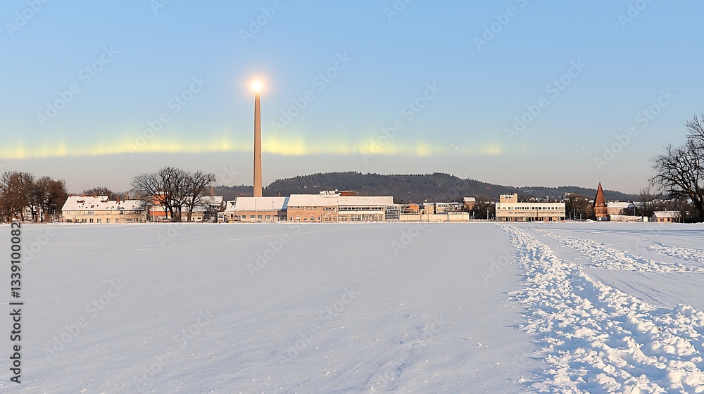 Fototapeta premium Snowy Landscape at Sunset with Tall Obelisk and Bright Light in the Sky over Winter Scene