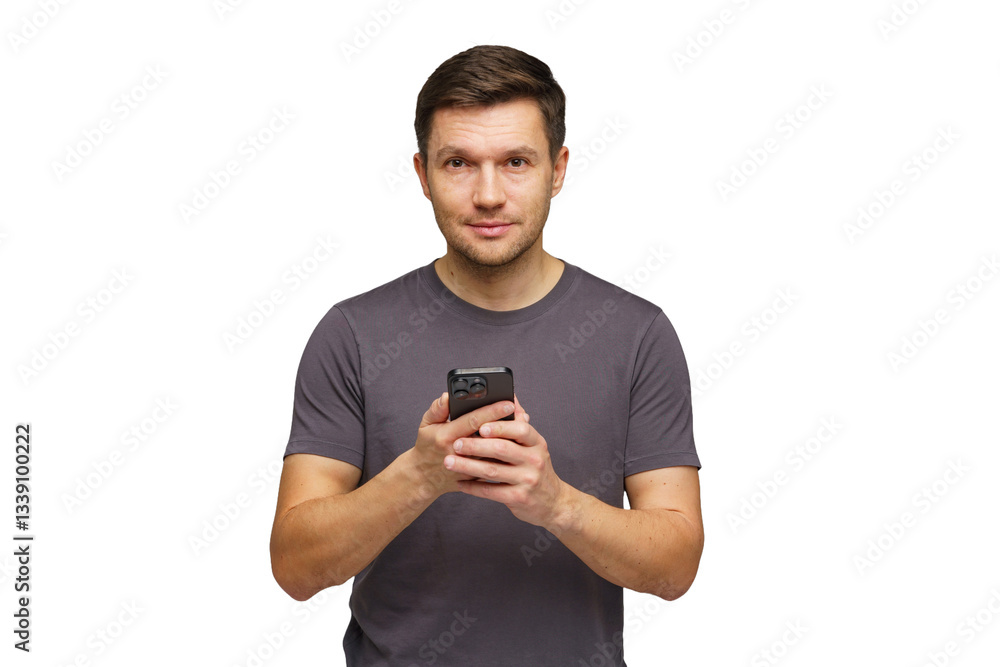 Man using smartphone while standing indoors with a neutral expression and casual attire Man using smartphone while standing indoors with a neutral expression and casual attire