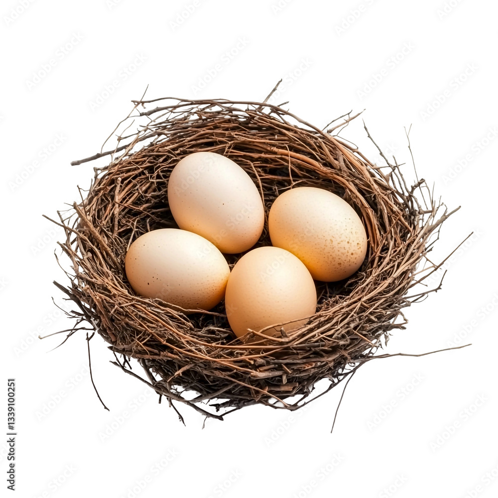 A bird's nest with eggs, isolated on a transparent background, showcasing delicate details and natural textures A bird's nest with eggs, isolated on a transparent background, showcasing delicate details and natural textures