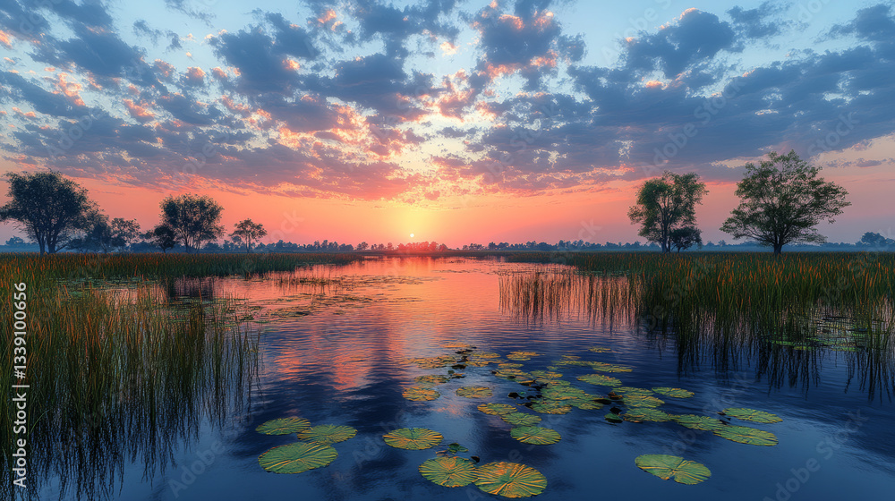 serene sunset over tranquil wildlife reserve, featuring vibrant clouds reflecting on water surface, surrounded by lush greenery and lily pads. scene evokes sense of peace and natural beauty serene sunset over tranquil wildlife reserve, featuring vibrant clouds reflecting on water surface, surrounded by lush greenery and lily pads. scene evokes sense of peace and natural beauty