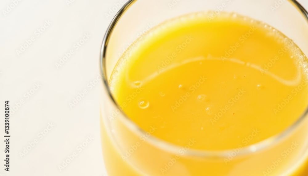 A close up photograph of a glass of freshly squeezed mango juice, vibrant yellow in color with small droplets of condensation on the surface, placed on a clean white background. A close up photograph of a glass of freshly squeezed mango juice, vibrant yellow in color with small droplets of condensation on the surface, placed on a clean white background.