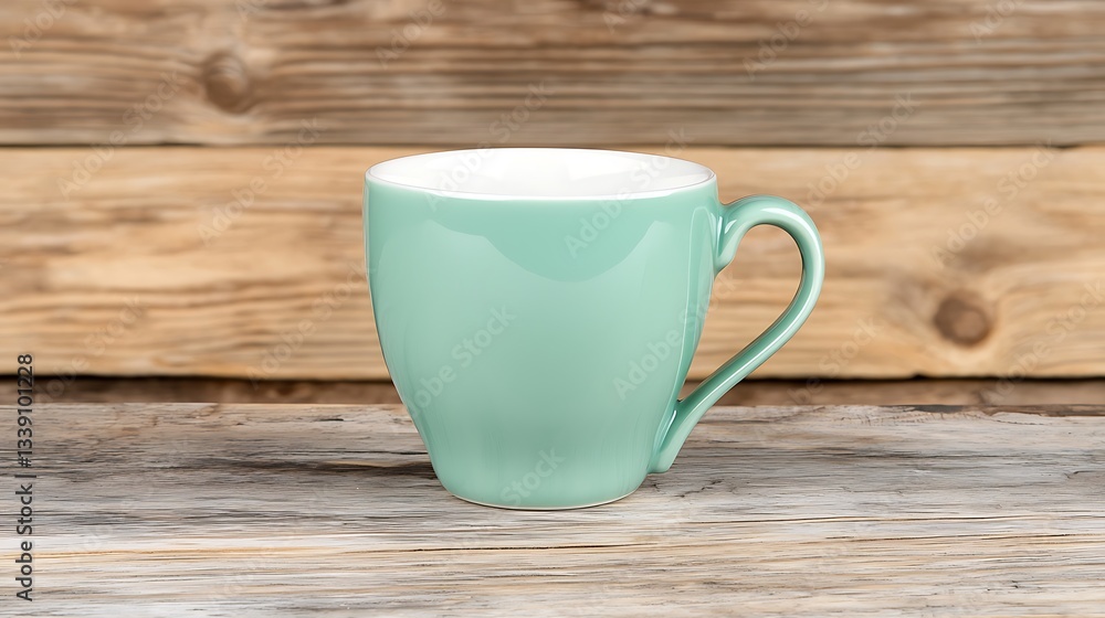 Green Ceramic Cup on Rustic Wooden Table with Natural Texture and Warm Background Green Ceramic Cup on Rustic Wooden Table with Natural Texture and Warm Background
