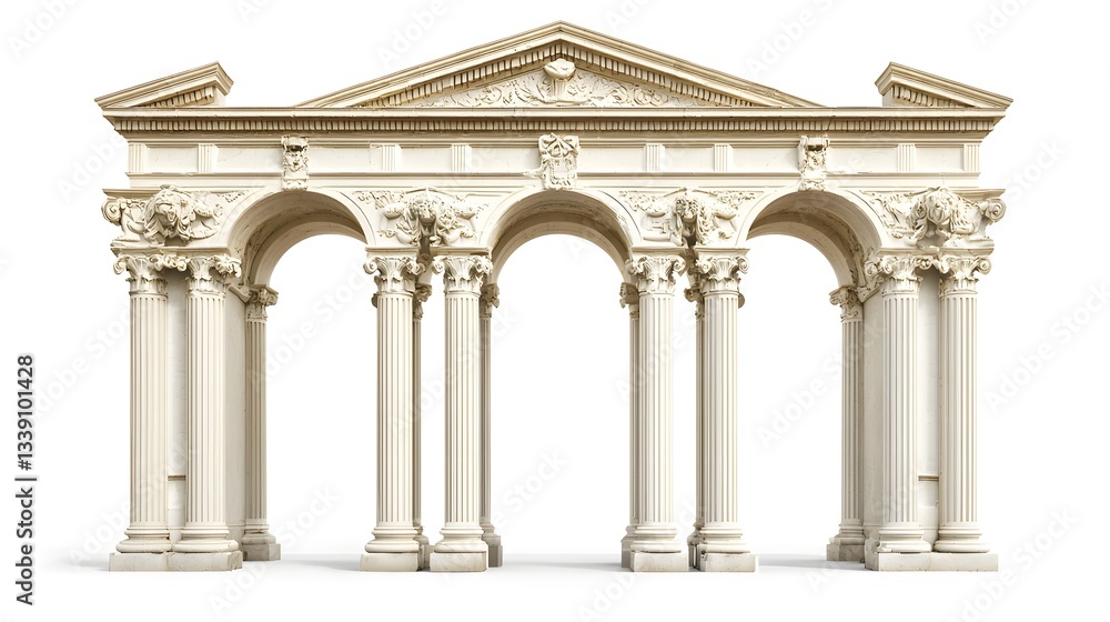 Monumental Greek Archway with Grand Columns and Ornate Friezes on White Background Monumental Greek Archway with Grand Columns and Ornate Friezes on White Background