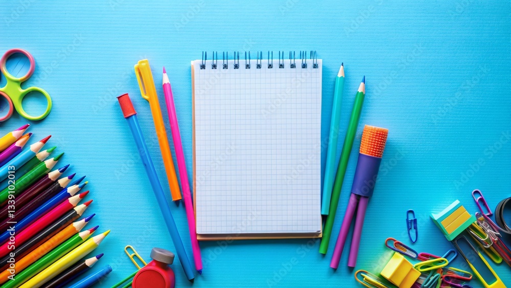 Fototapeta premium Back to School: Colorful School Supplies & Notebook on Blue - Ready for Learning
