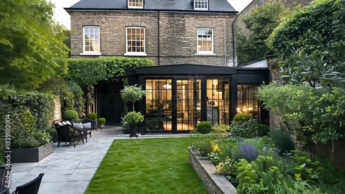 Modern house architecture, blending traditional architectural elements with contemporary design, featuring grand facade, large windows, manicured garden